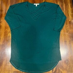 Express OneEleven | Soft Half Sleeve Crisscross V-Neck Top | Dark Teal Green | S